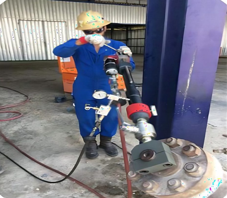 NOSS technician operating a hot tap machine on a flanged line